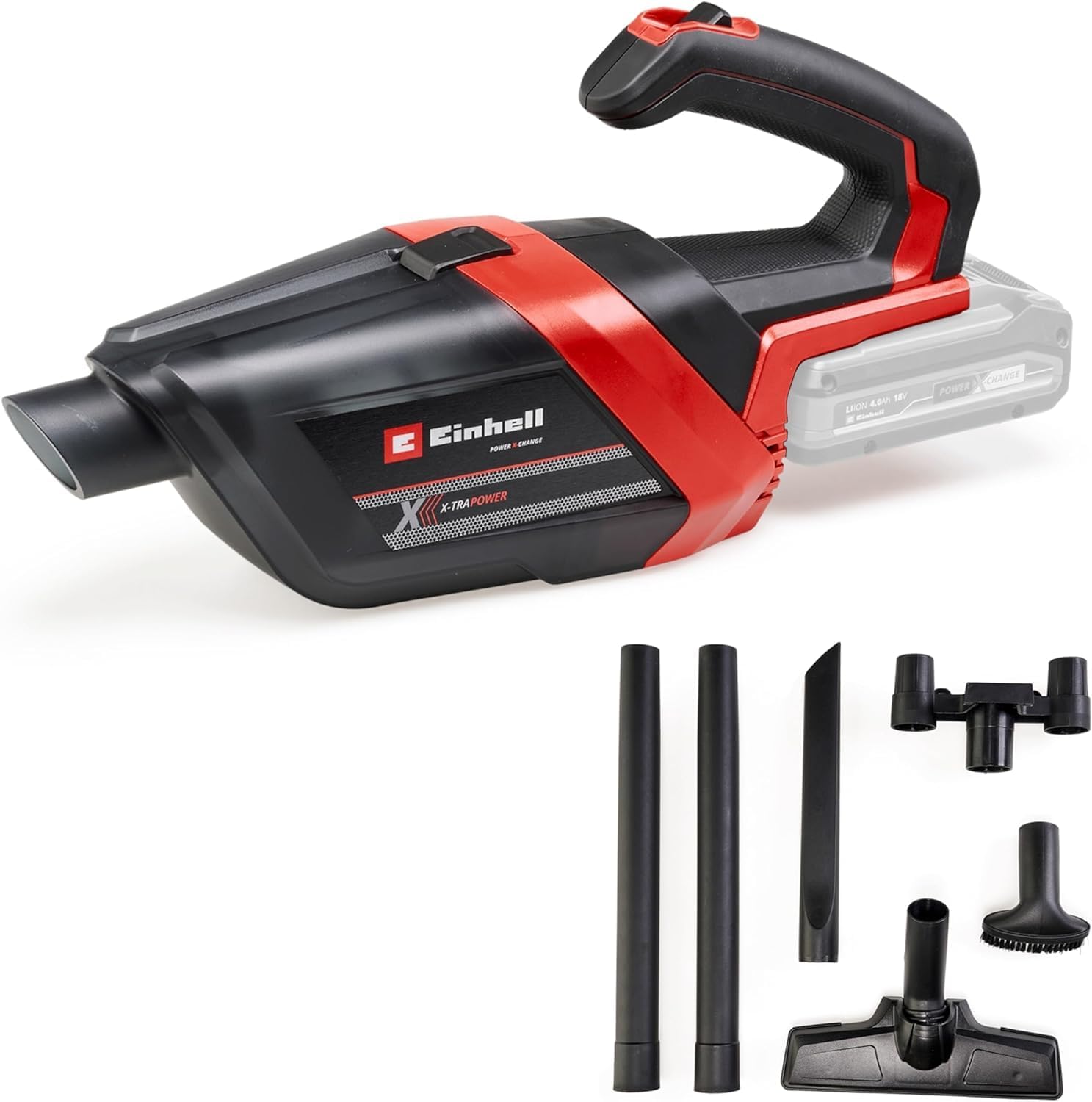 Einhell Akku Handsauger TE-HV 18/06 Li Solo im Einsatz auf Tisch und Sofa mit Zubehör Düsen
