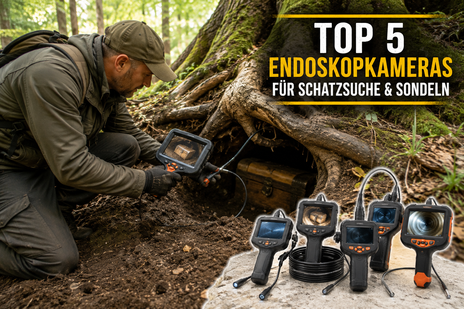 Schatzsucher nutzt Endoskopkamera unter einer Baumwurzel im Wald zur Fundkontrolle