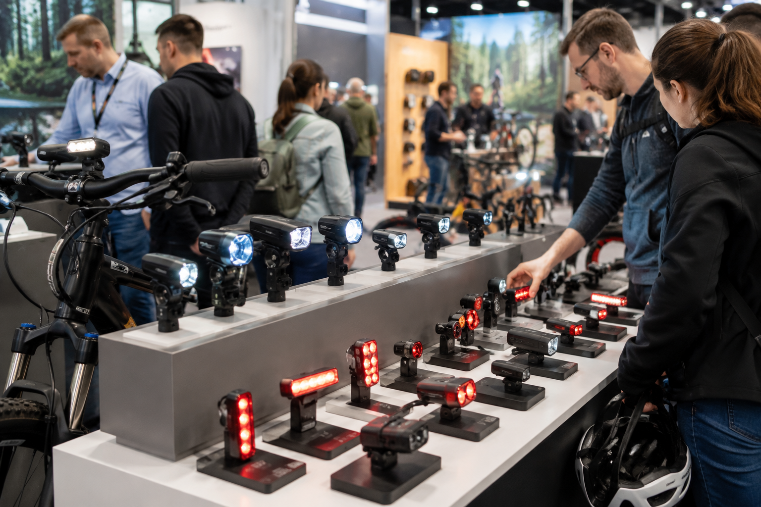 Fahrradbeleuchtung auf Bike Messe Ausstellung Verschiedene Fahrradbeleuchtungen auf einer Fahrradmesse mit Besuchern