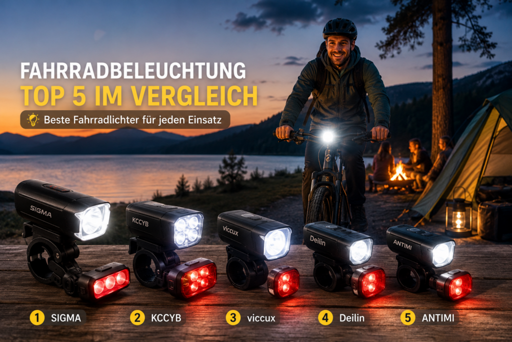 Fahrradbeleuchtung Top 5 Vergleich mit Radfahrern am Campingplatz bei Abenddämmerung