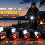Fahrradbeleuchtung Top 5 Vergleich mit Radfahrern am Campingplatz bei Abenddämmerung