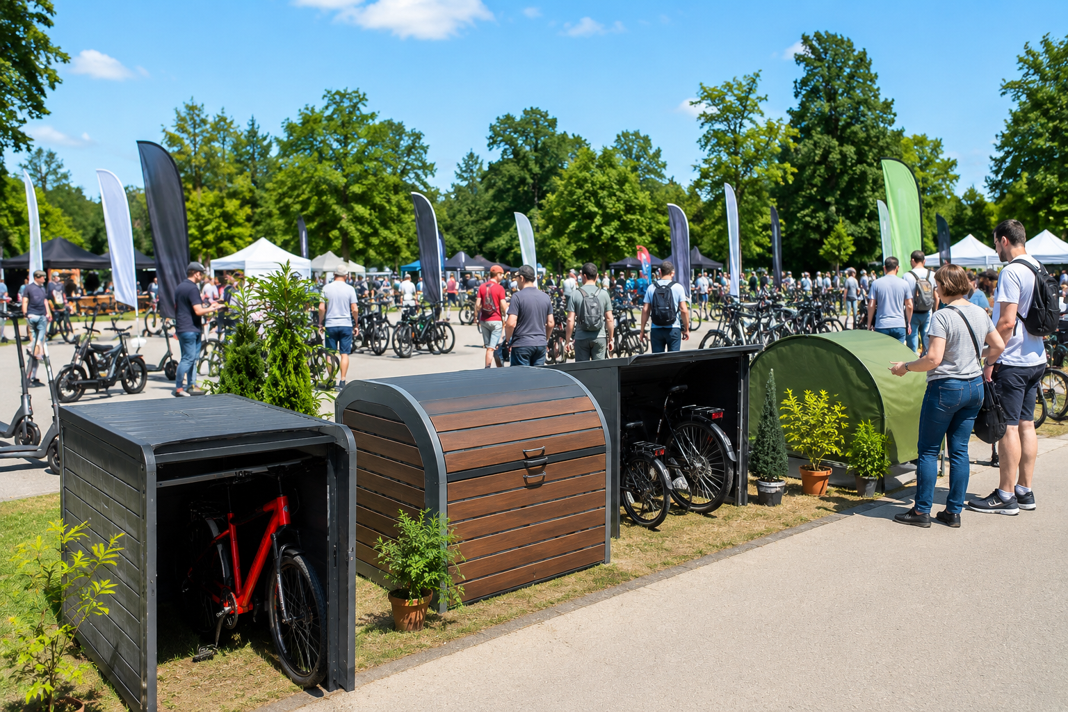Verschiedene Fahrradgaragen auf einer Outdoor Fahrradmesse mit E-Bikes, Fahrrädern und Scootern