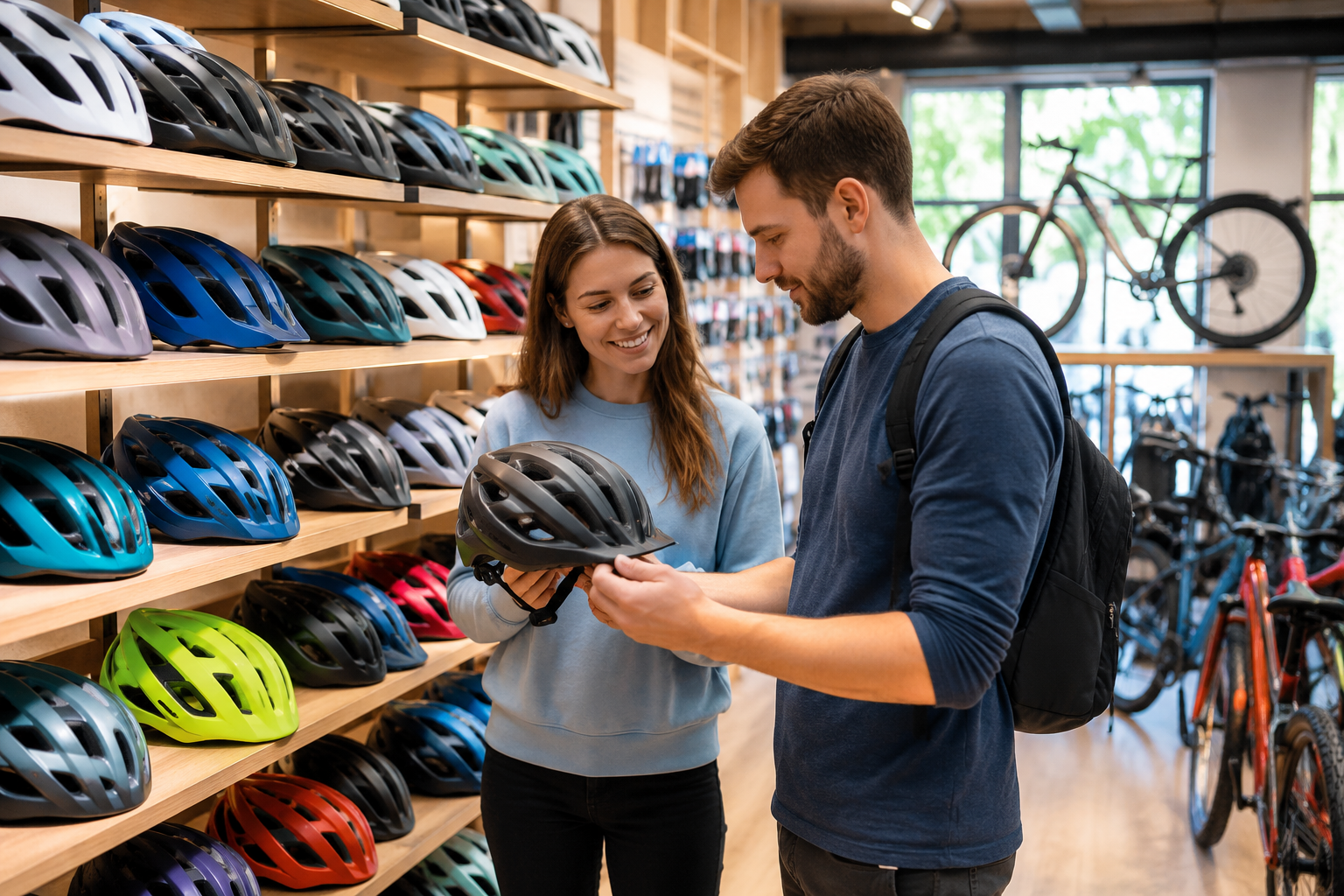 Fahrradhelme Ausstellung im Fahrradgeschäft Verschiedene Fahrradhelme in einem modernen Fahrradladen mit Kunden