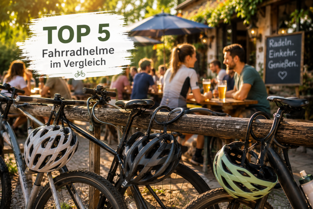 Radfahrer schließen ihre Fahrradhelme an Fahrrädern vor einem Biergarten an