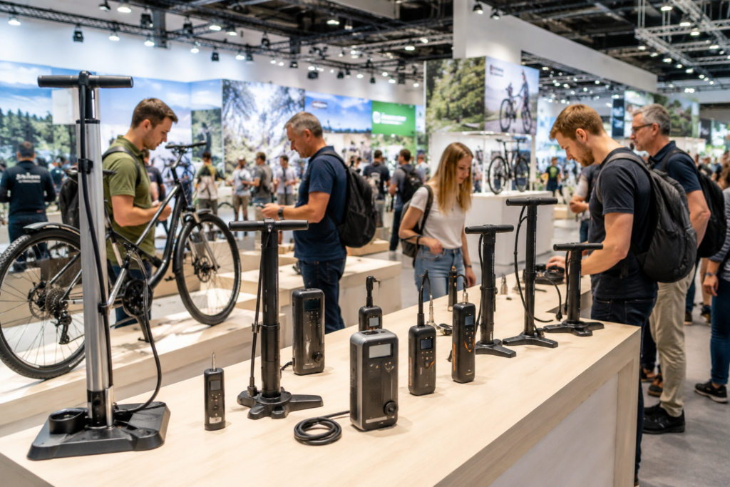 Verschiedene Fahrradpumpen auf einer Fahrradmesse mit Besuchern an den Ausstellungsständen