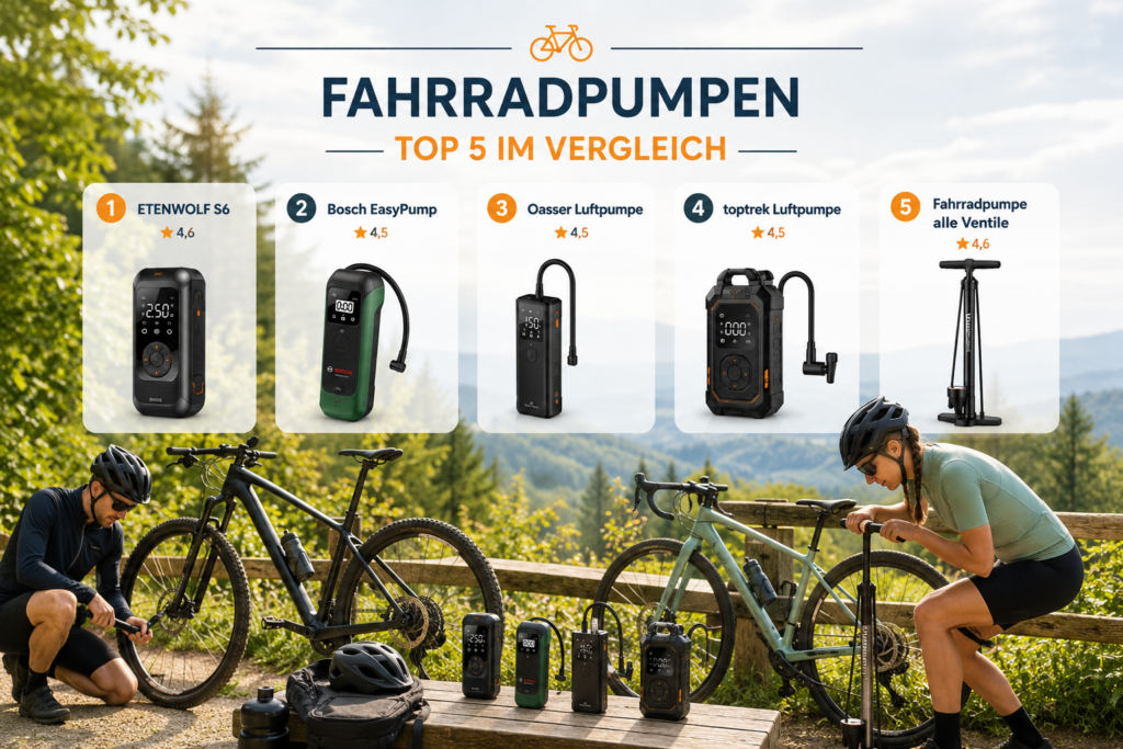 Radfahrer bereiten ihre Fahrräder für eine Tour vor und pumpen die Reifen auf – Top 5 Fahrradpumpen im Vergleich