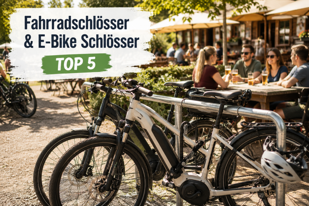 Radfahrer schließen ihre Fahrräder und E-Bikes vor einem Biergarten mit verschiedenen Fahrradschlössern ab