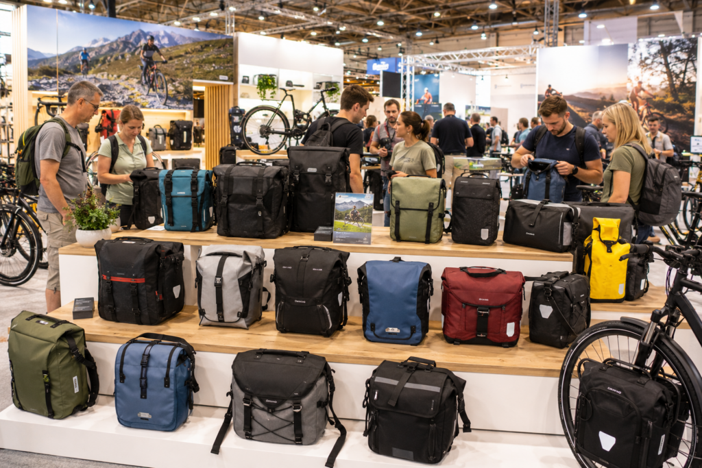 Fahrradtaschen auf Bike Messe Ausstellung Verschiedene Fahrradtaschen auf einer Fahrradmesse mit Besuchern