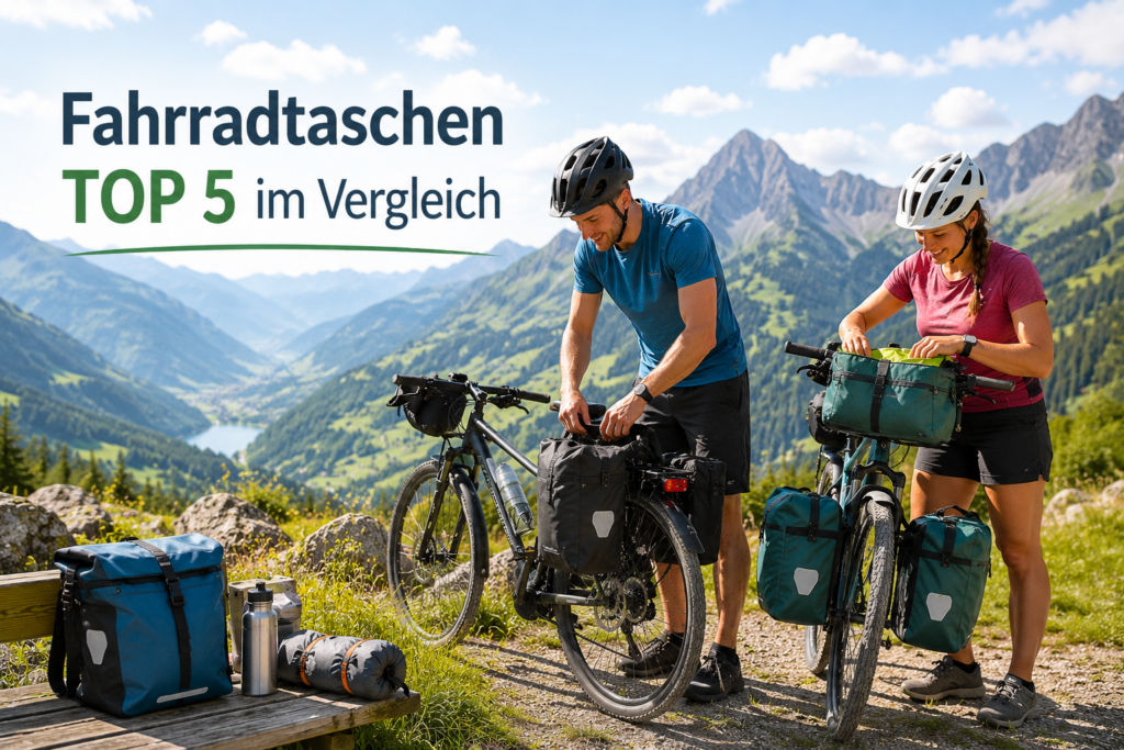 Radfahrer packen ihre Fahrradtaschen für eine Tour durch die Berge