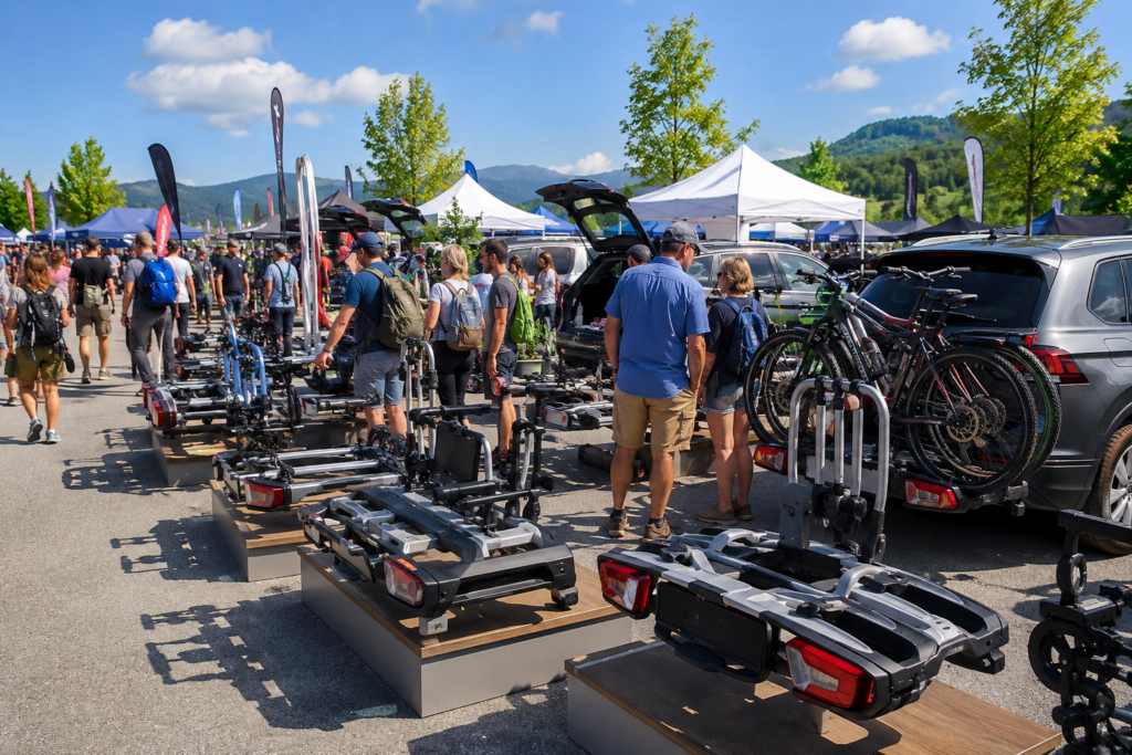 Verschiedene Fahrradträger auf einer großen Outdoor Messe mit Besuchern im Hintergrund