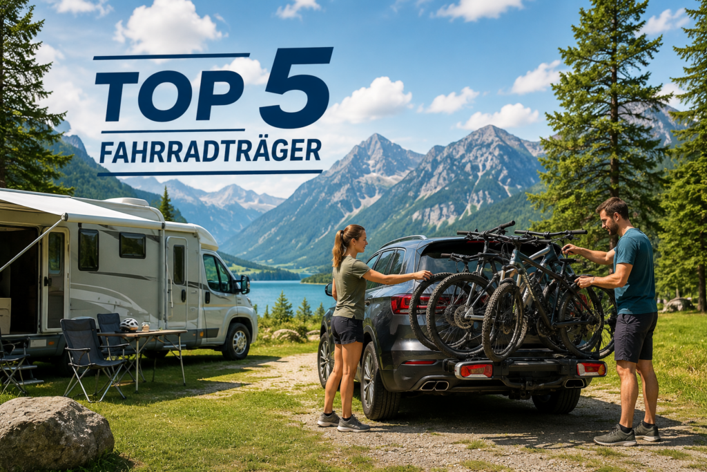 Camper laden Fahrräder vom Auto mit Fahrradträger auf einem Campingplatz vor Berglandschaft aus