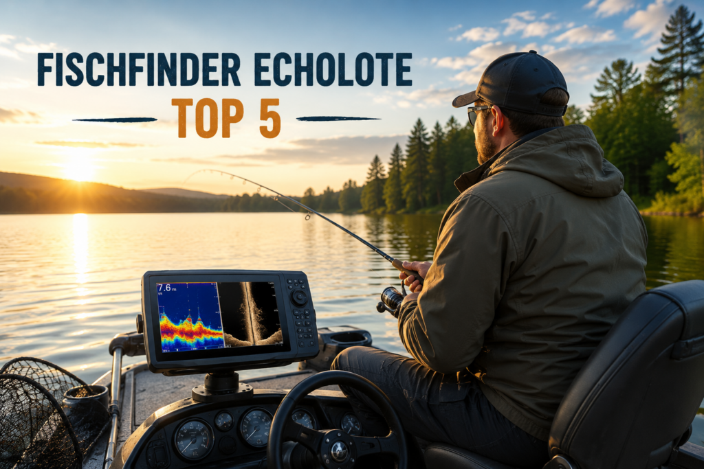 Angler im Boot auf einem See mit modernem Fischfinder Echolot bei Sonnenuntergang
