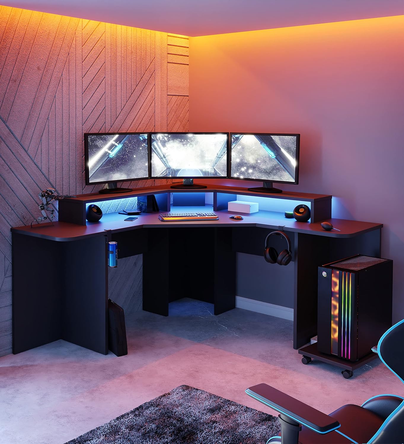Forte Tezaur Eckschreibtisch mattschwarz mit RGB Beleuchtung in Gaming Zimmer