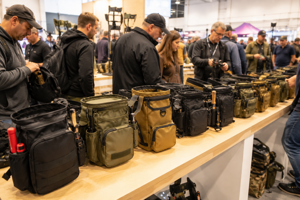 Verschiedene Fundtaschen zum Sondeln auf einer Outdoor Messe Ausstellung
