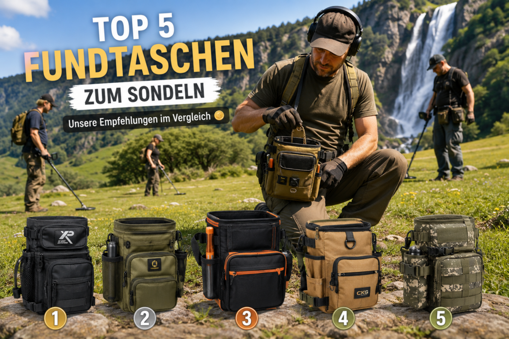 Top 5 Fundtaschen zum Sondeln auf einer großen Wiese mit Schatzsuchern und Wasserfall