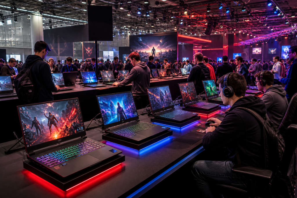 Gaming Laptops auf einer Messe Ausstellung mit Besuchern die verschiedene Gaming Notebooks testen
