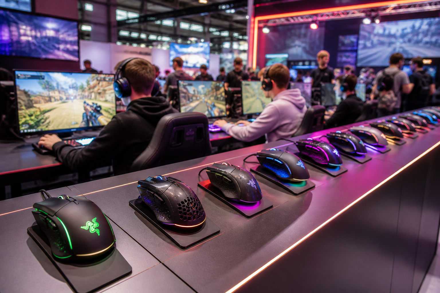 Gaming Mäuse auf einer Messe Ausstellung mit Besuchern die verschiedene Mäuse testen und an Gaming PCs spielen