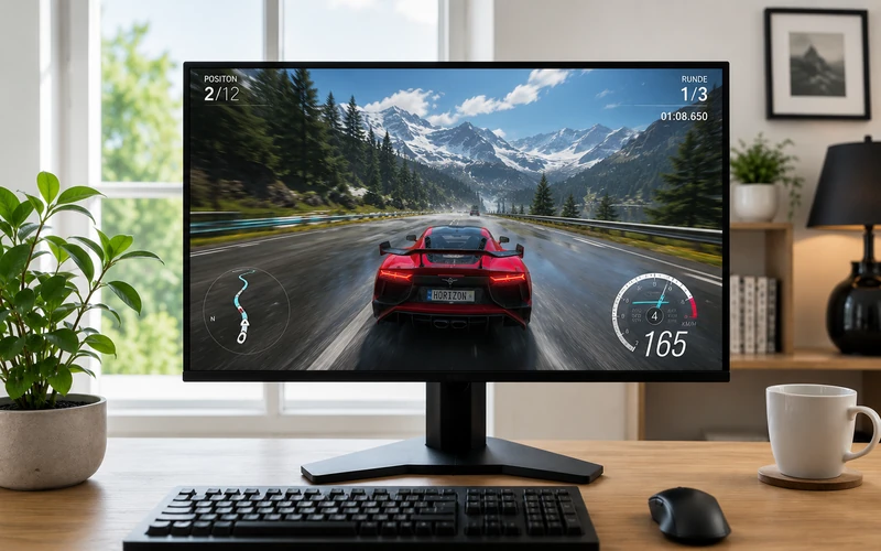 Gaming Monitor von vorne mit scharfem Spielbild bei Tageslicht im hellen Zimmer