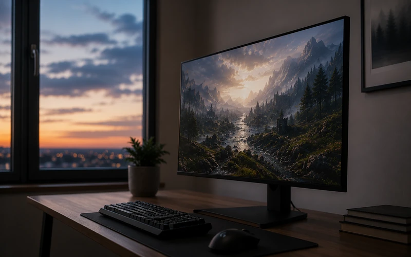 Gaming Monitor von der Seite auf Schreibtisch mit Blick auf Bildschirminhalt in der Dämmerung