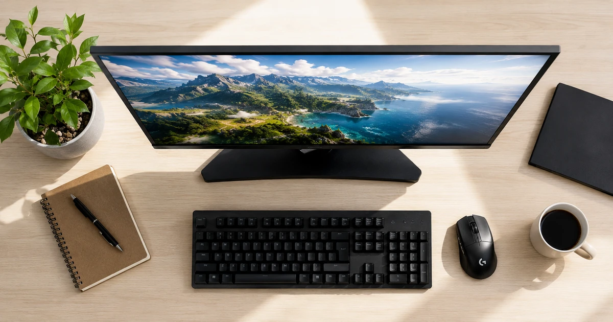 Gaming Monitor von oben fotografiert auf aufgeräumtem Schreibtisch mit Pflanze