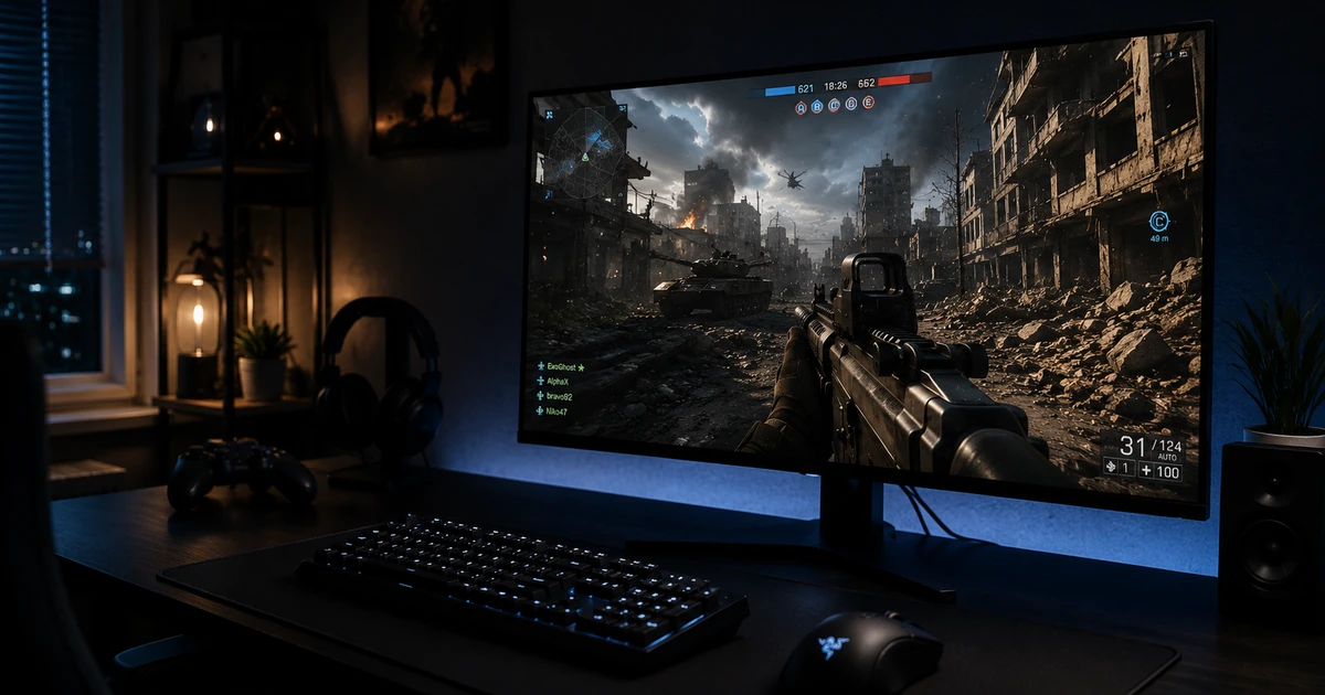 Gaming Monitor zeigt actionreiches Spiel in dunklem Gaming Zimmer