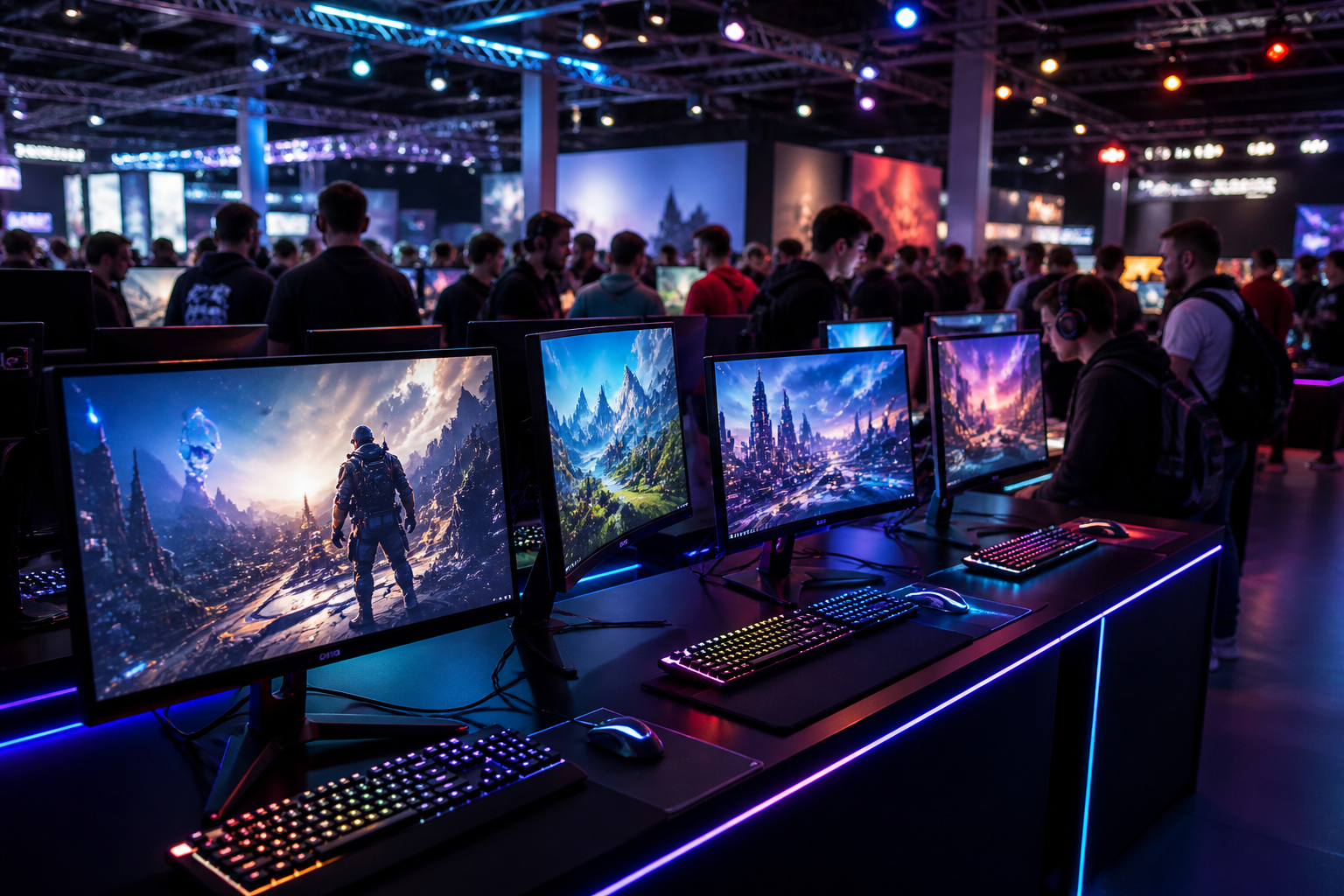 Gaming Monitore auf einer Gaming Messe Ausstellung mit Besuchern im Hintergrund