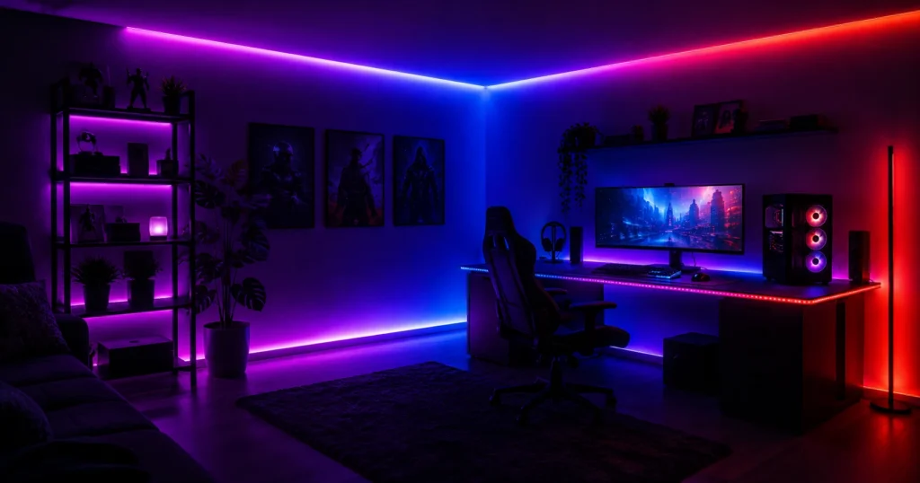 Gaming Zimmer mit RGBIC LED Beleuchtung an Wand und Schreibtisch in lila und blau