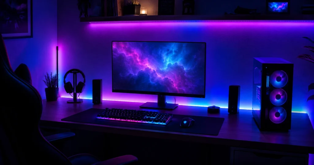 Gaming Setup mit RGBIC LED Beleuchtung an der Wand hinter dem Monitor
