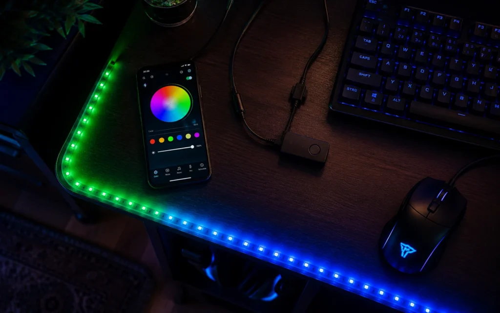 Gaming Setup Schreibtisch mit RGBIC LED Streifen und Smartphone App-Steuerung