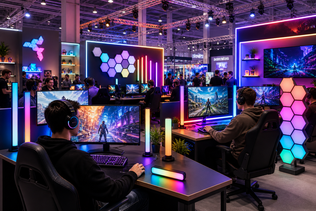 verschiedene Gaming RGBIC LED Beleuchtungen in einer Gaming Messe mit Monitor Setups