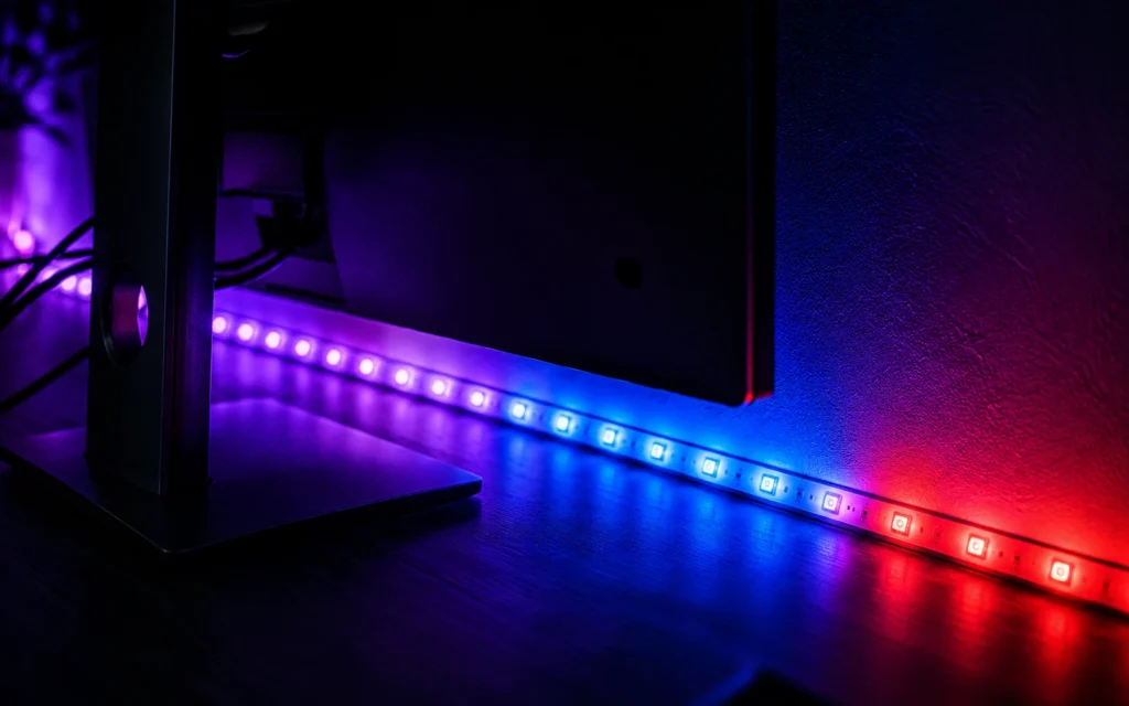 RGBIC LED Streifen hinter Gaming Monitor mit mehrfarbigem Lichtverlauf