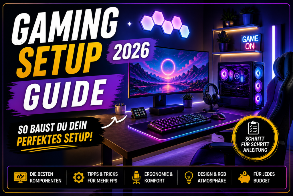 Gaming Setup 2026 Guide mit RGB Beleuchtung, Monitor, PC und Gaming Zubehör auf modernem Schreibtisch