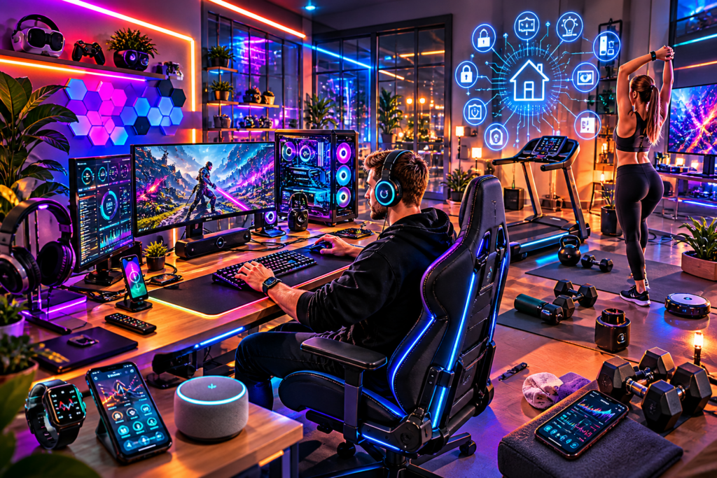 Modernes Gaming Setup 2026 mit RGB Beleuchtung, Smart Home Geräten und Fitnessbereich für lange Gaming Sessions