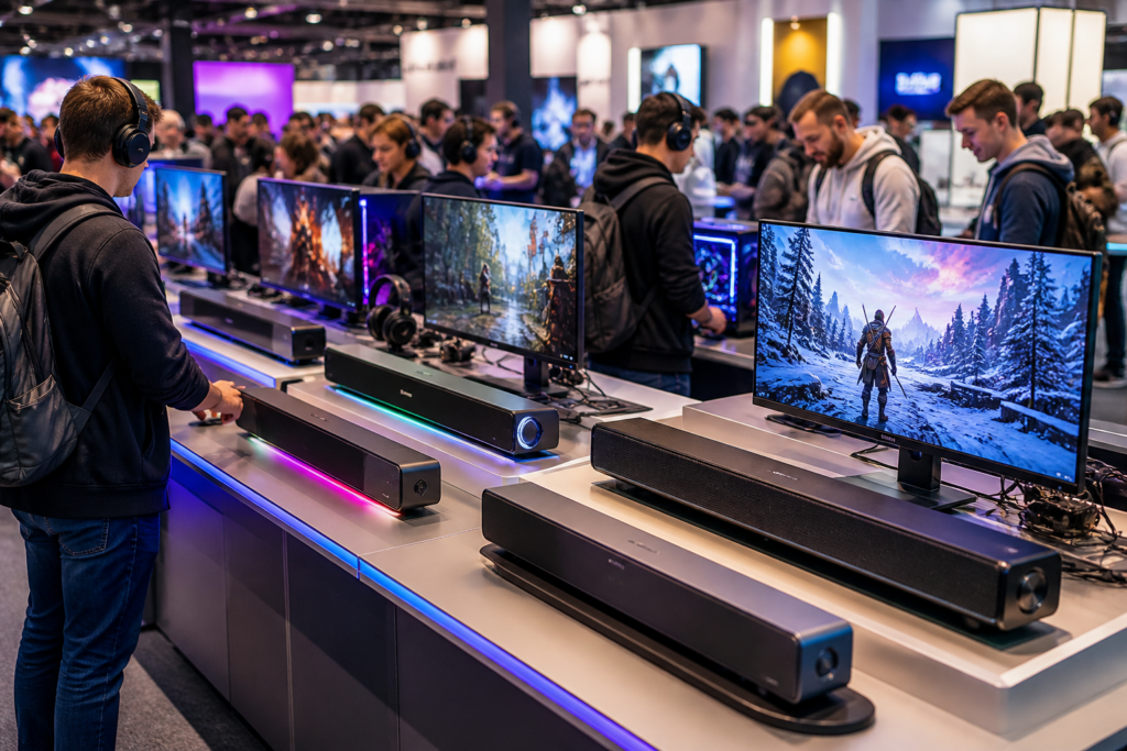 verschiedene Gaming Soundbars auf einer Messe mit Besuchern die Gaming Setups testen