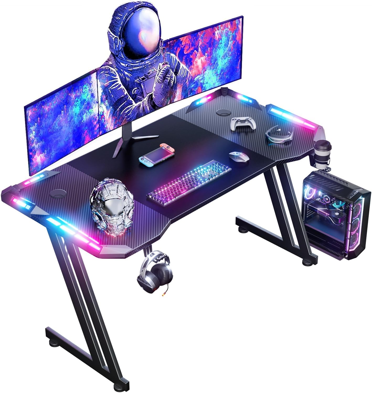 HLONONE Gaming Tisch 120x60 cm mit LED Beleuchtung und stabilem Aufbau