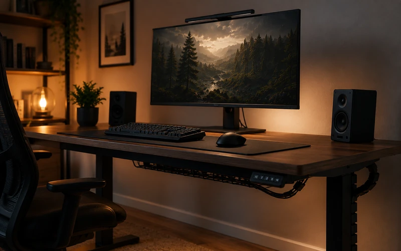 Gaming Tisch mit Monitor und Kabelmanagement in dunklem Setup mit Akzentlicht