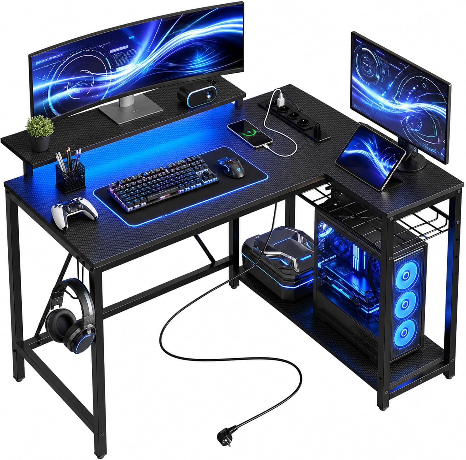 L-förmiger Gaming Tisch mit LED Beleuchtung für großes Gaming Setup