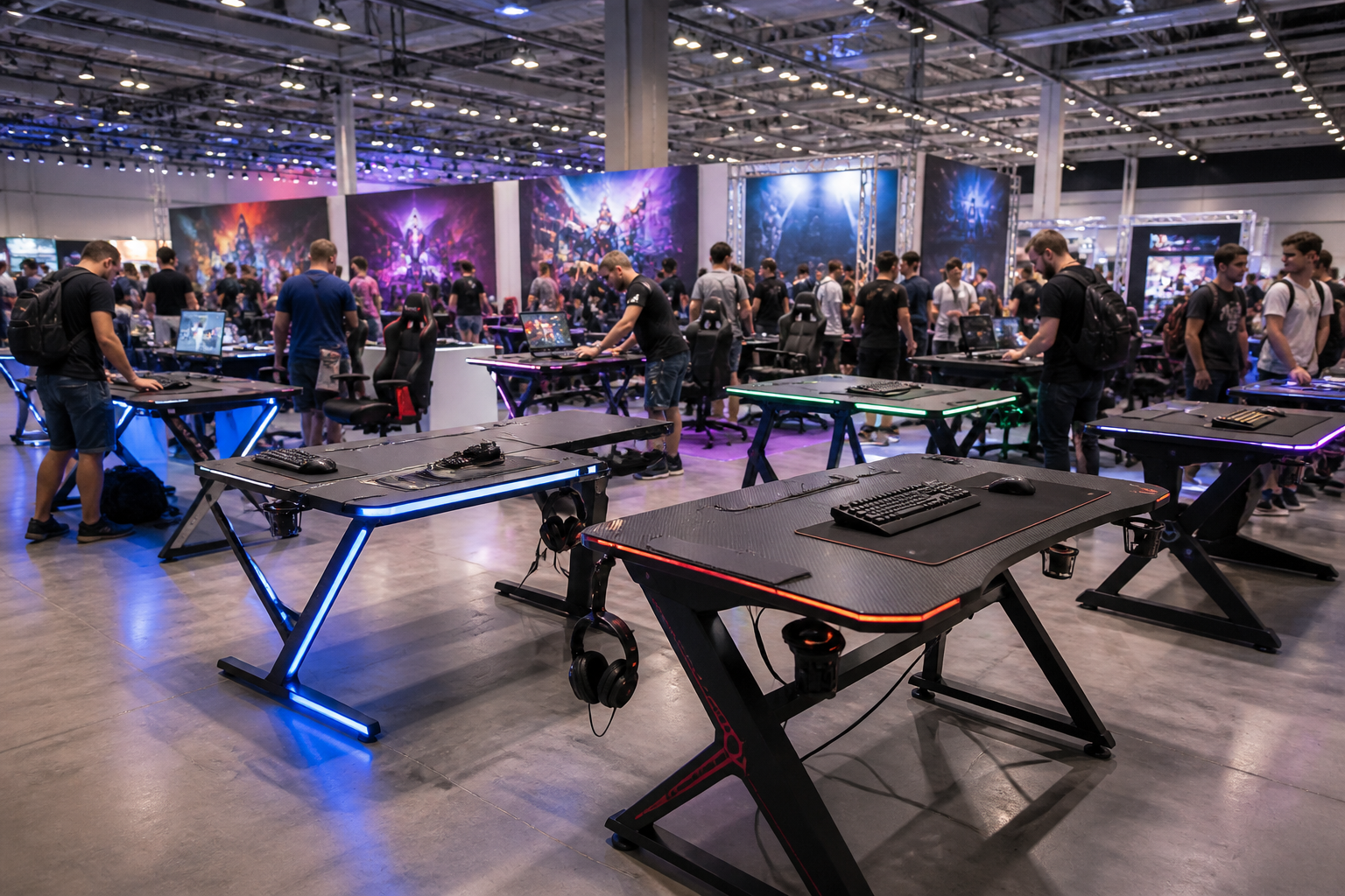 verschiedene Gaming Tische auf einer Messe Ausstellung mit Besuchern im Hintergrund