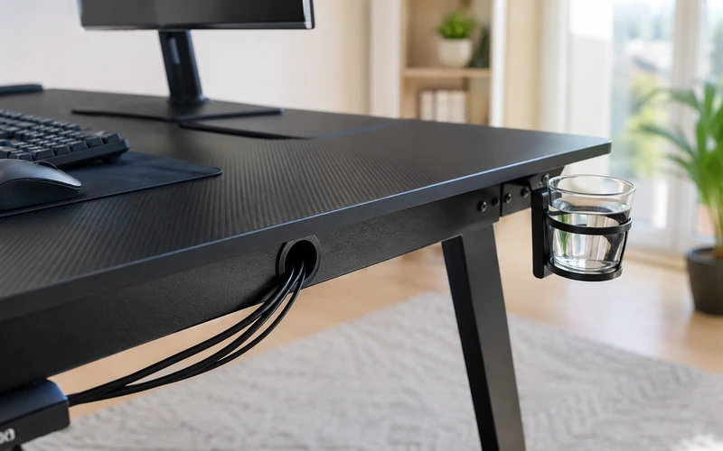 Gaming Tisch mit Kabeldurchführung und Getränkehalter in modernem Setup