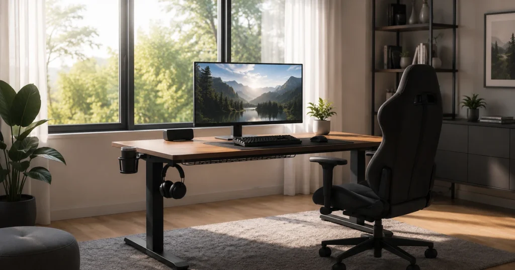 Gaming Tisch mit Monitor und Zubehör in hellem aufgeräumten Zimmer