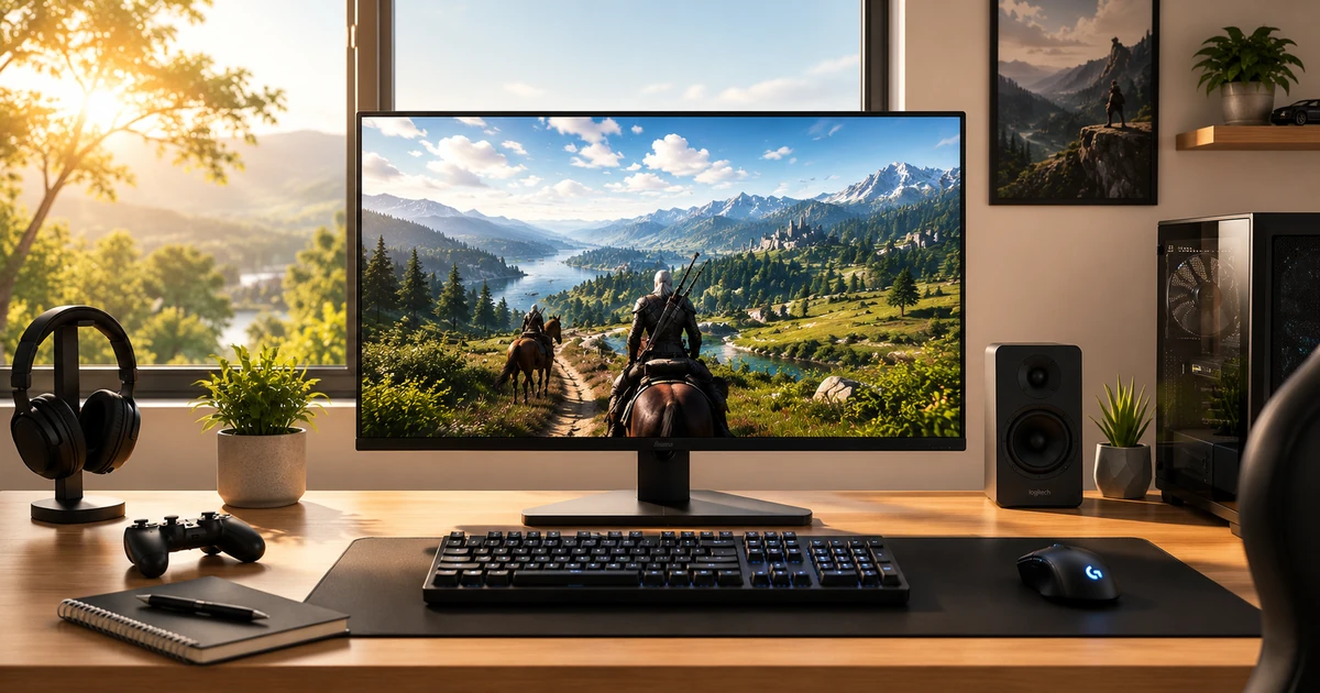 Leerer Gaming Tisch mit Monitor und Tastatur in hellem Zimmer am Morgen