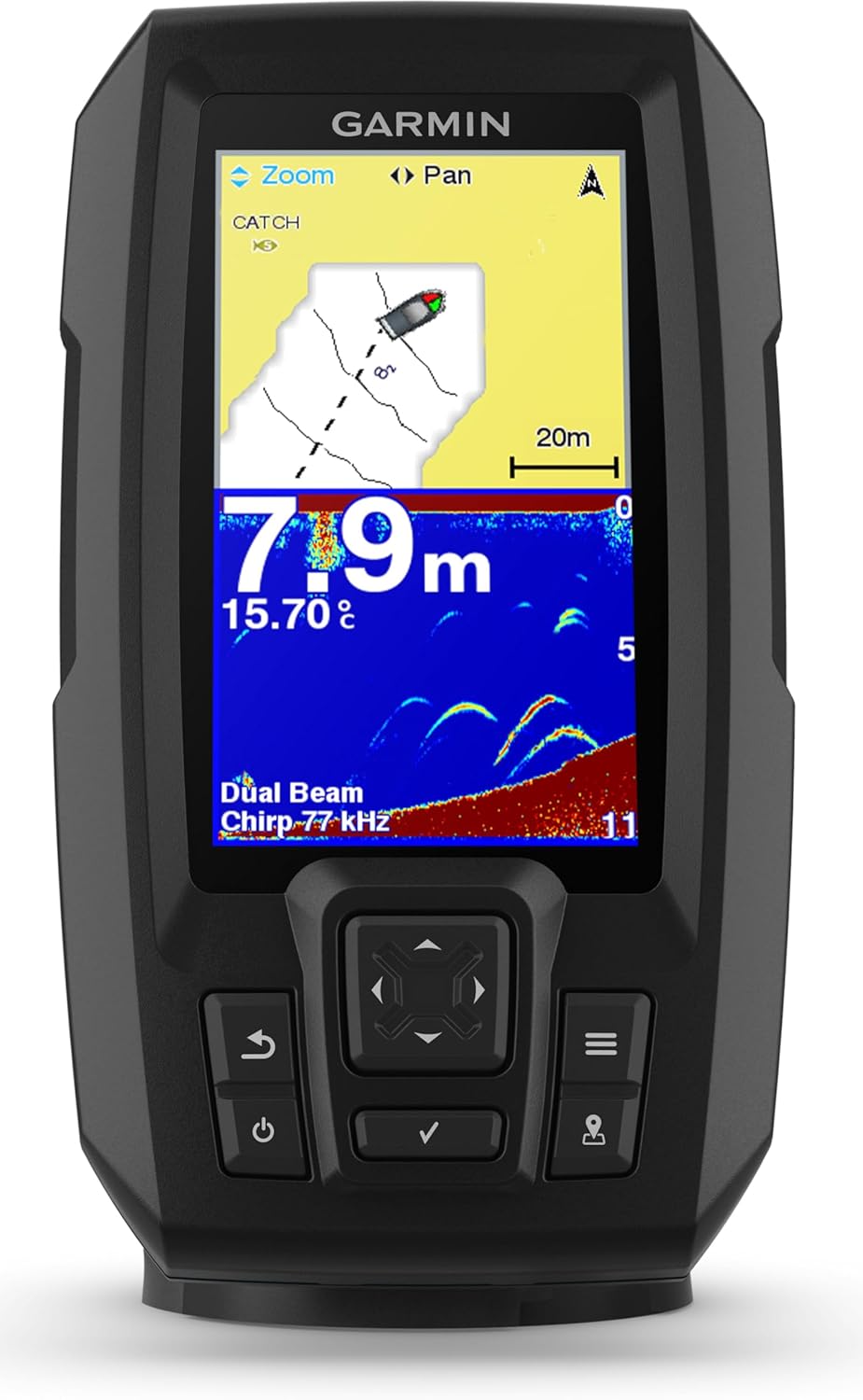 Garmin Striker Plus 4 Fischfinder auf einem kleinen Angelboot