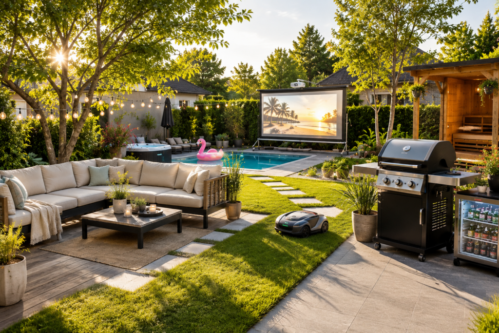 Helles modernes Garten Setup mit Lounge Möbeln, Pool, Grill, Gartensauna und smarten Geräten im Sommer