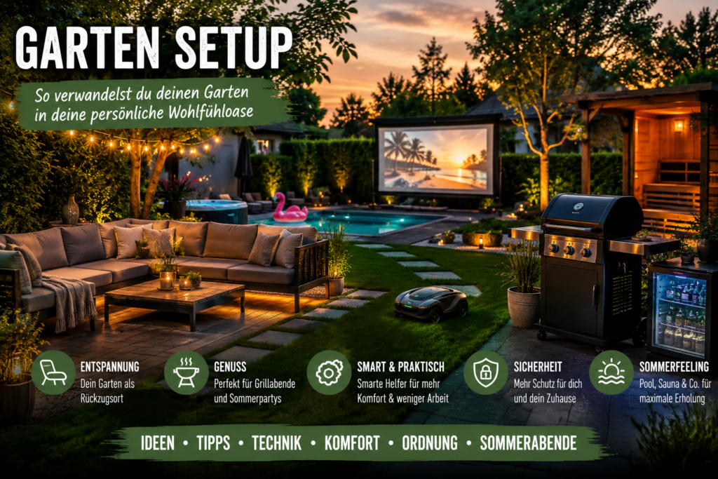 Modernes Garten Setup mit Lounge, Pool, Grill, Gartensauna und smarter Technik für entspannte Sommerabende