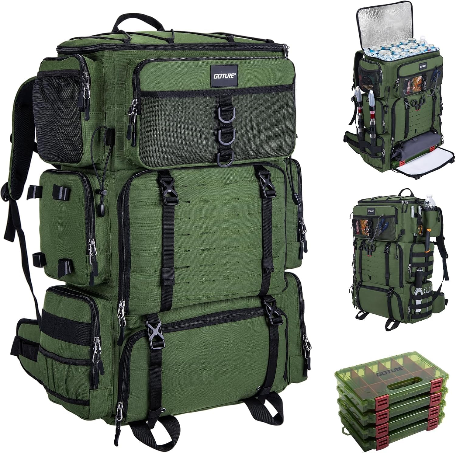 Goture Premium Angelrucksack mit großem Stauraum für Angelsessions Goture 72L Angelrucksack mit Kühltasche und Köderboxen für Angeln und Outdoor