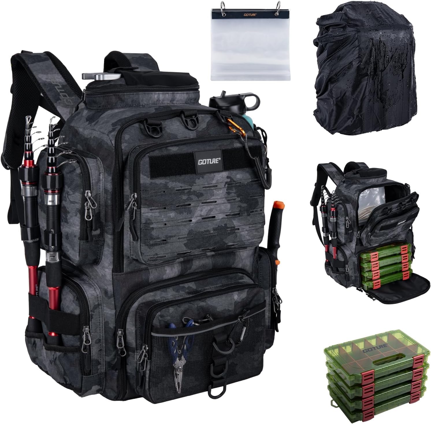 Goture Angelrucksack für organisierte Angelsessions und Camping Goture Angelrucksack 45L mit Köderboxen und Rutenhalter für Angeln und Outdoor