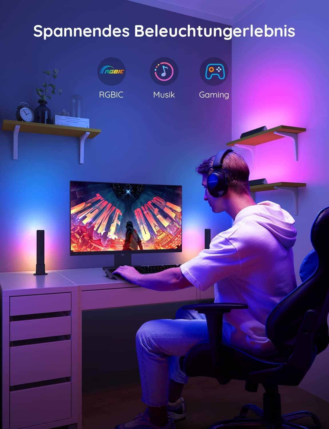 Govee Smart LED Lightbar RGBIC Beleuchtung hinter Monitor für Gaming Setup