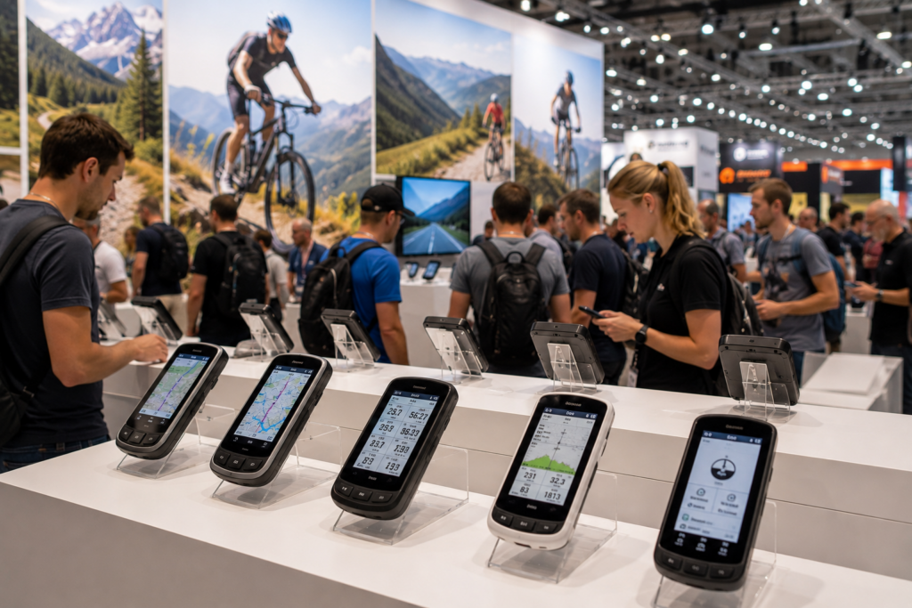 Verschiedene GPS Fahrradcomputer auf einer modernen Fahrrad- und Outdoor Messe