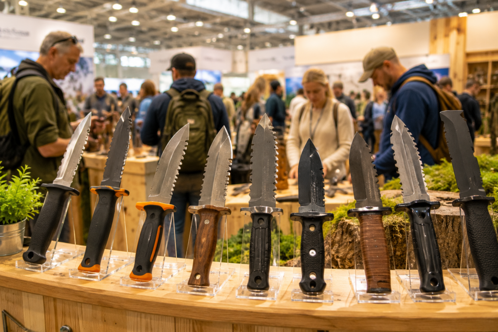 Verschiedene Grabungsmesser auf einer Outdoor und Schatzsuche Ausstellung mit interessierten Besuchern