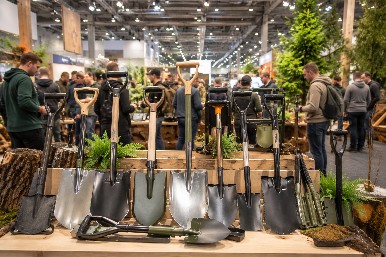 Verschiedene Grabungsspaten und Grabungsschaufeln auf einer Outdoor Messe Ausstellung